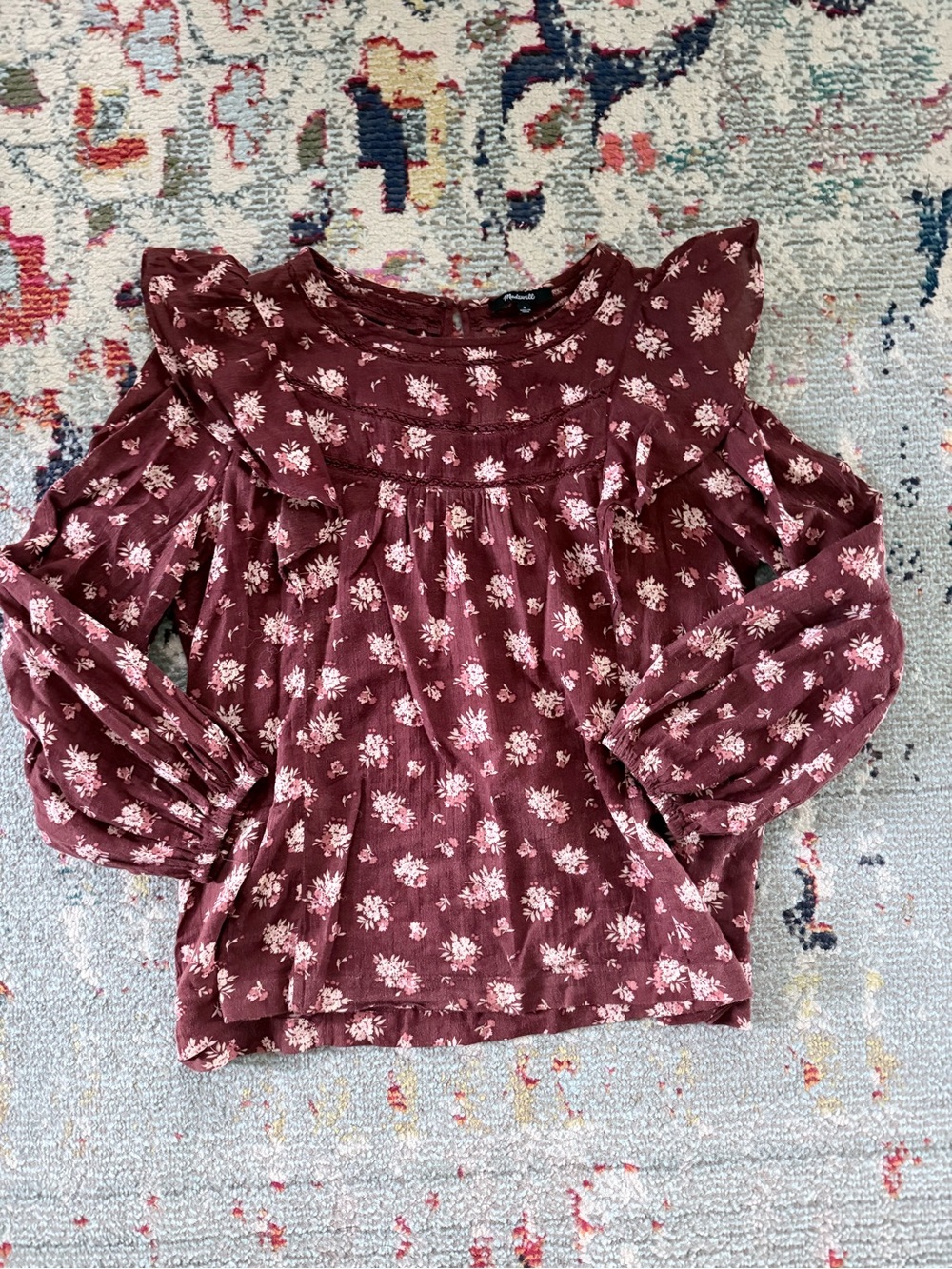 Madewell Burgundy Floral Ruffle Yoke Blouse